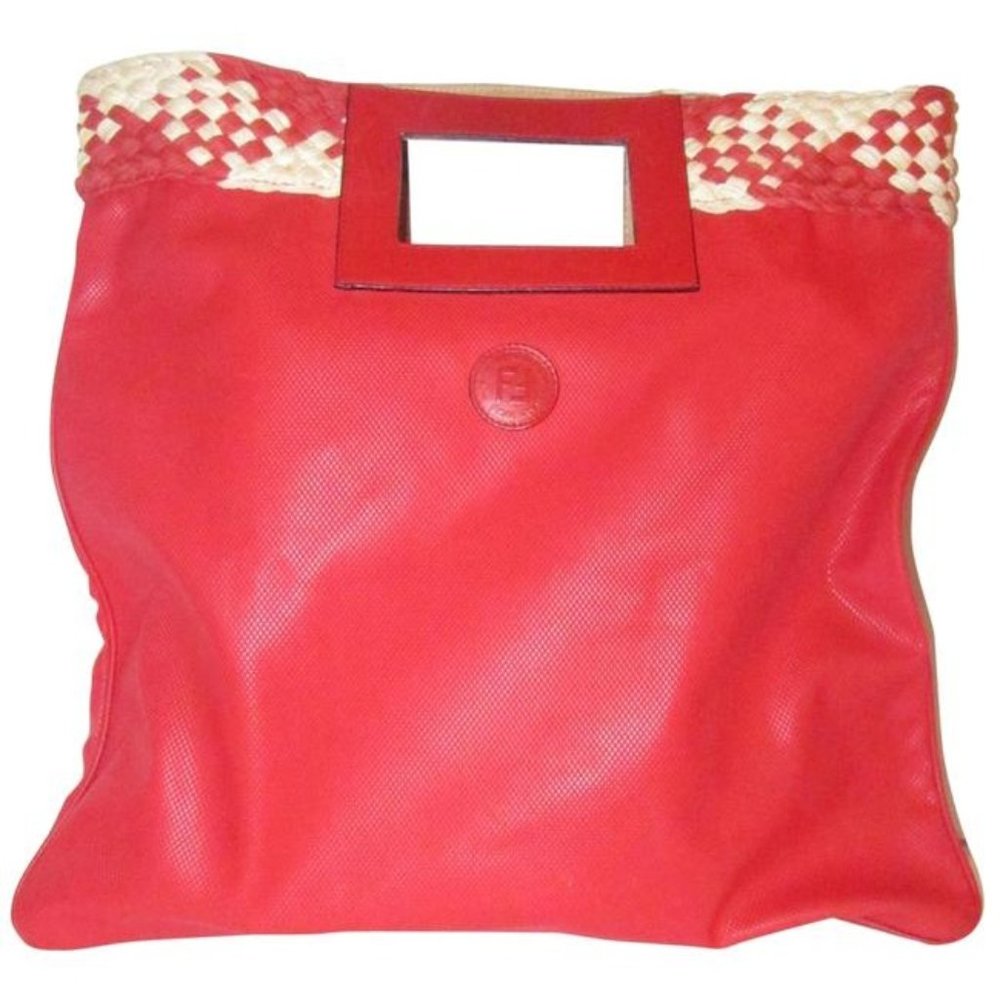 LA-Fendi Clutch Textured Porthole Runway Trim Tomato Red Leather Ivory Woven